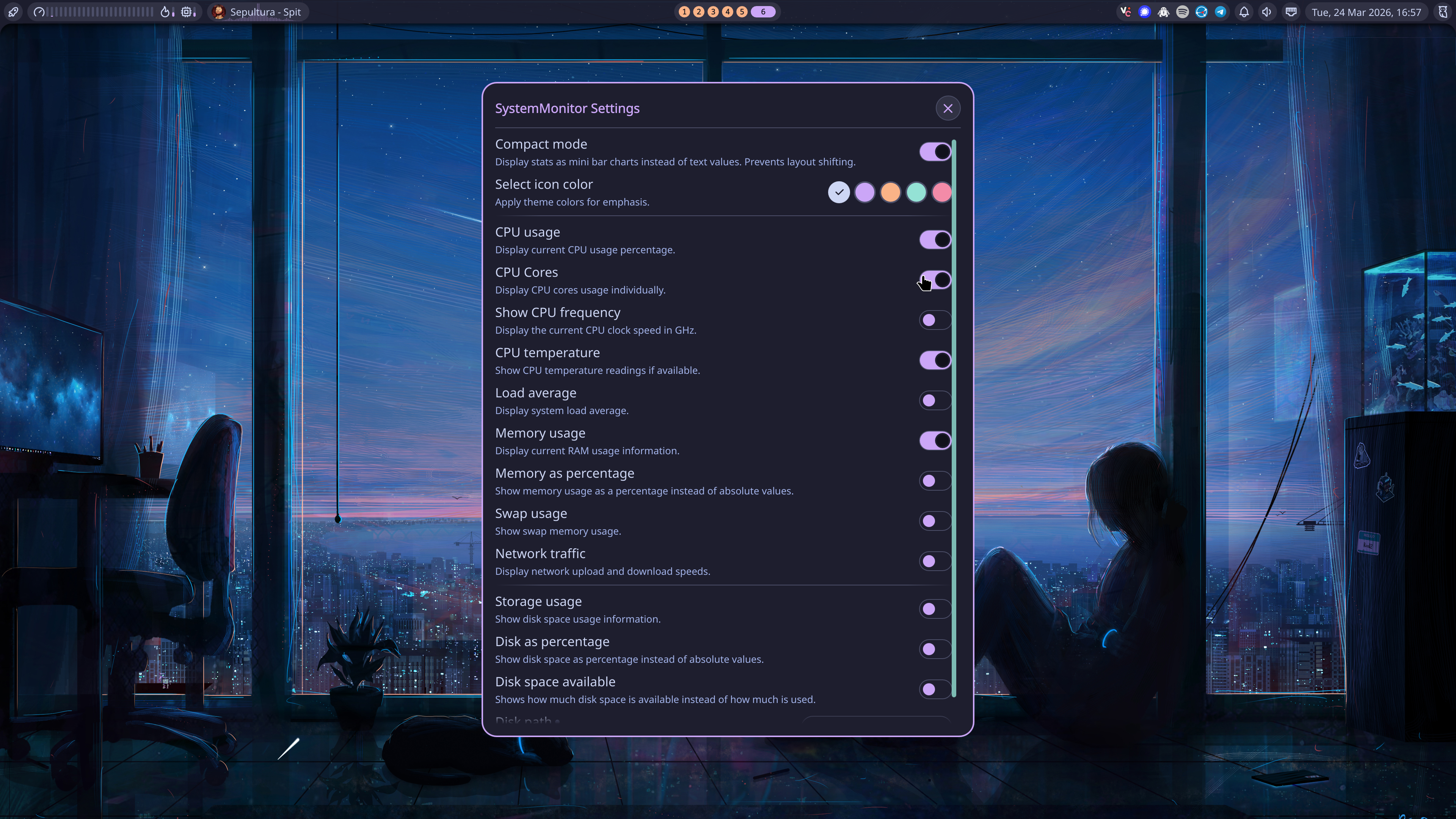 Noctalia System Monitor - CPU Cores Enabled